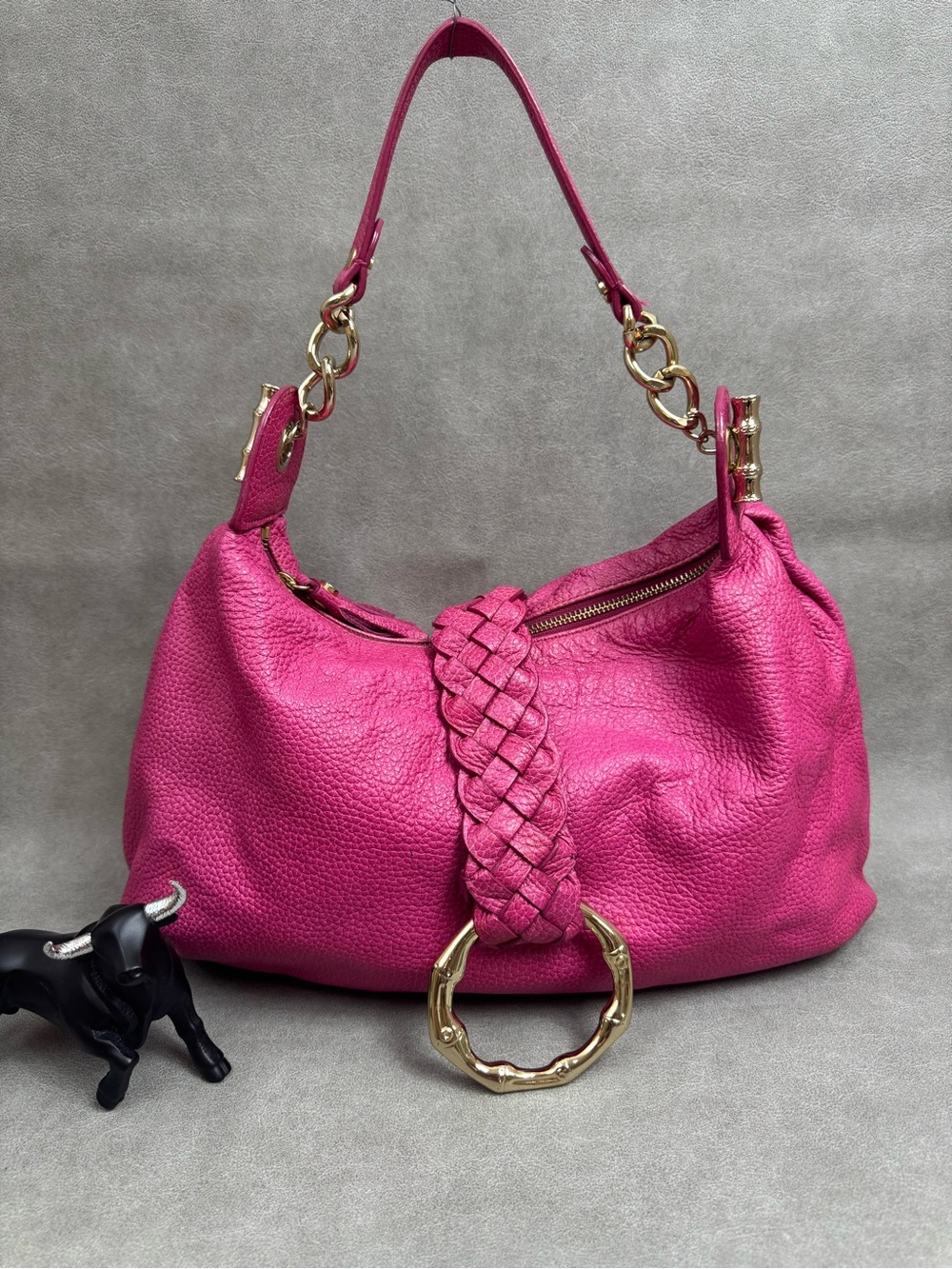 Elaine Turner Hot Pink Braided Leather Shoulder Hobo with Gold Hardware